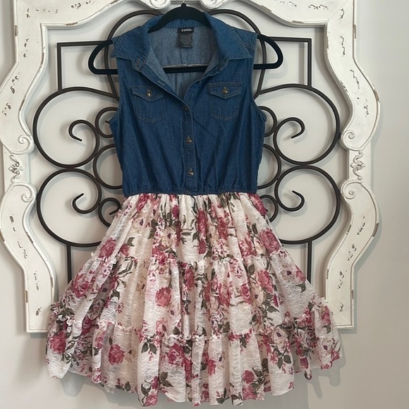 ZUNIE SLEEVELESS DENIM SHEER FLORAL DRESS SIZE 14/16 - Picture 1 of 8